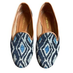 Ramon Tenza Aztec Loafers Women’s 6.5 Blue & Gray Geometric Flats 1.5” Heel